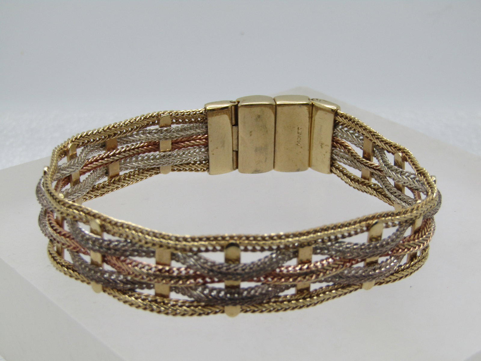 Vintage Monet Tri-Color Woven Bracelet, 7.5", Magnetic Clasp, 1980's (1 of 7)
