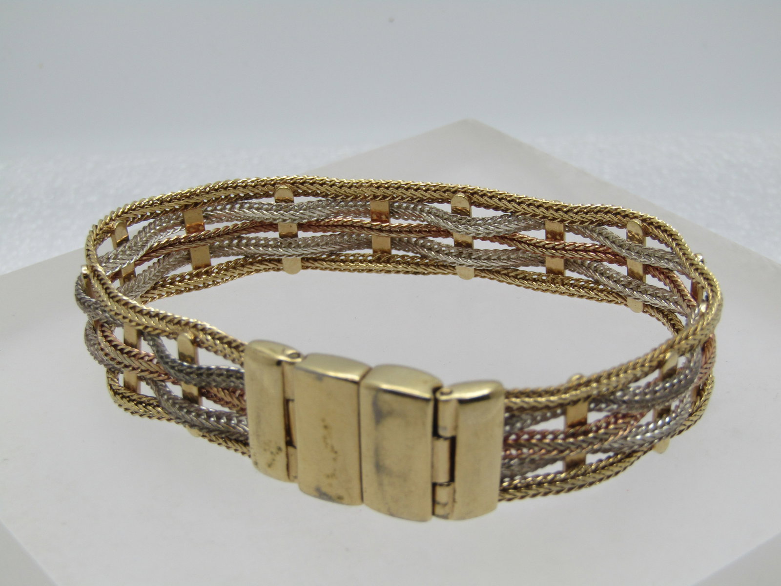 Vintage Monet Tri-Color Woven Bracelet, 7.5", Magnetic Clasp, 1980's - 3