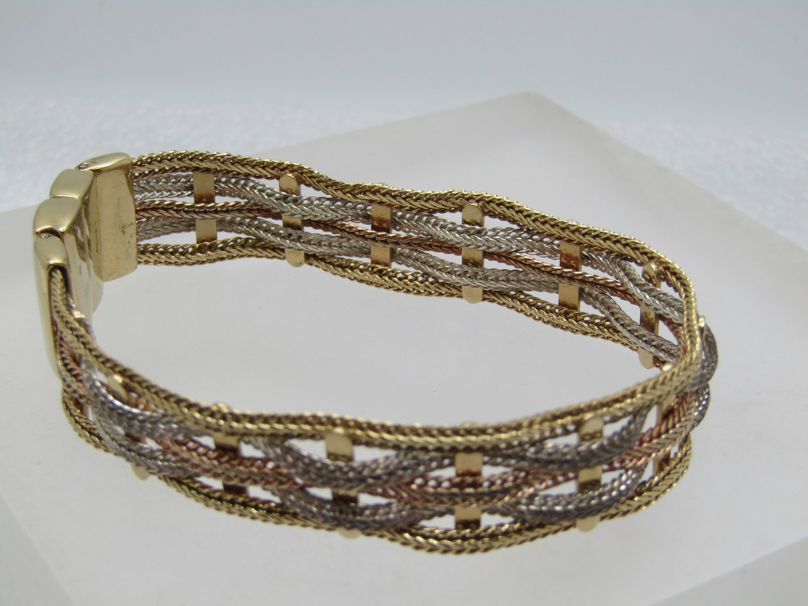 Vintage Monet Tri-Color Woven Bracelet, 7.5", Magnetic Clasp, 1980's - 4