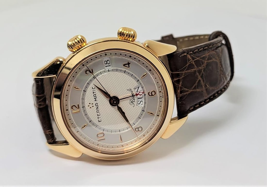 Mens Solid 18k Gold ETERNA-MATIC REVEIL Automatic Alarm Watch 8505.69 Limited! - 2