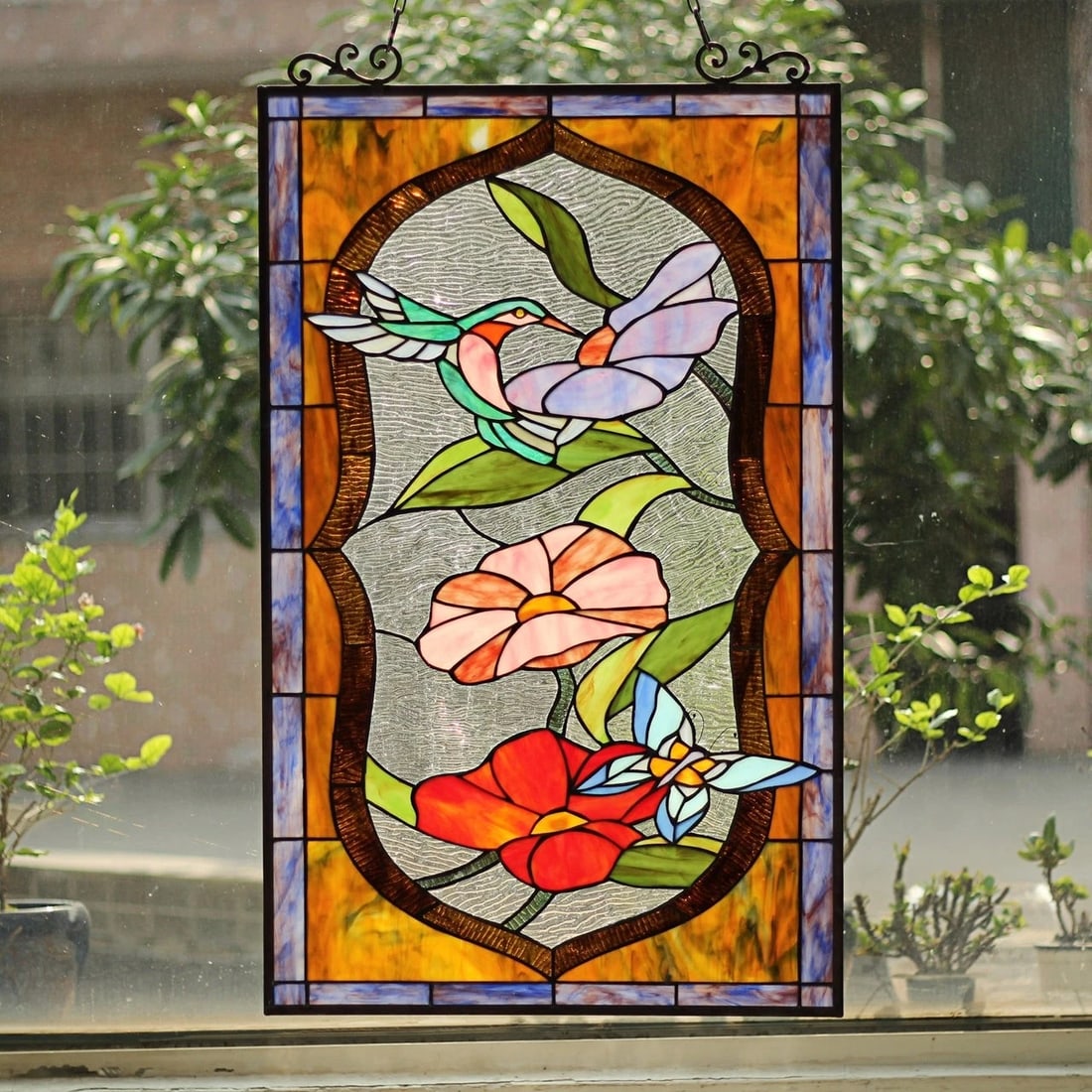 32.68" Tiffany Style Stained Glass Window Panel Poppy & Hummingbird - 6