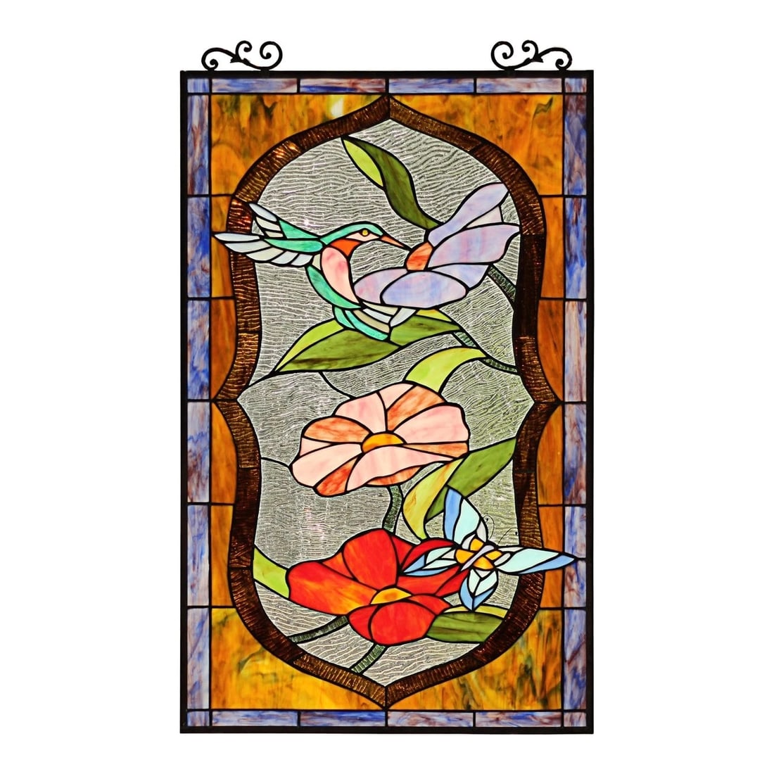 32.68" Tiffany Style Stained Glass Window Panel Poppy & Hummingbird - 8