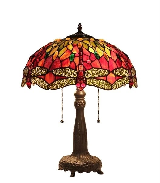 21" Stained Glass Dragonfly Table Lamp: 20.1" Tall x 16.14" wide Nice modern reproduction dragonfly stained glass table lamp. All cut glass copper foil soldered shade. The base resembling a tree is actually resin and metal made to look