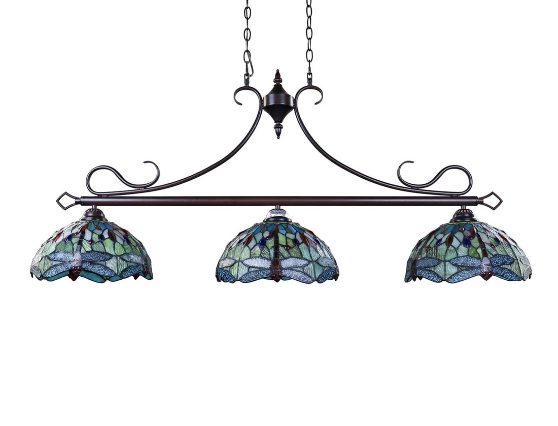 48" Stained Glass 3 light Dragonfly Island Billiard Pendant Light - 4