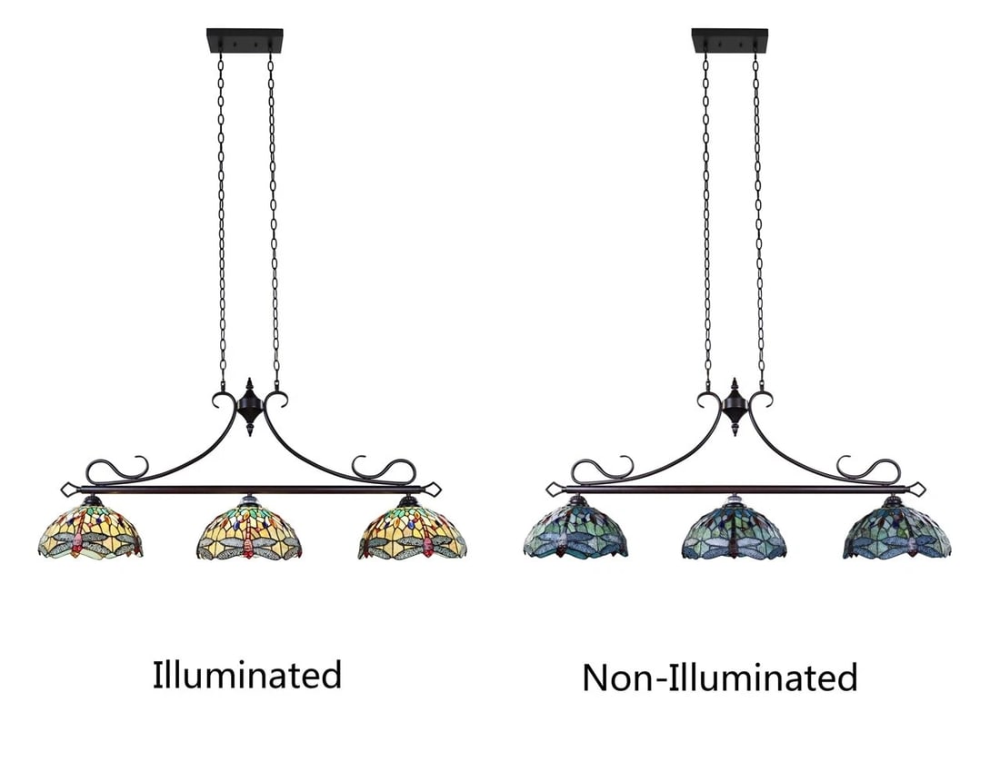 48" Stained Glass 3 light Dragonfly Island Billiard Pendant Light - 5