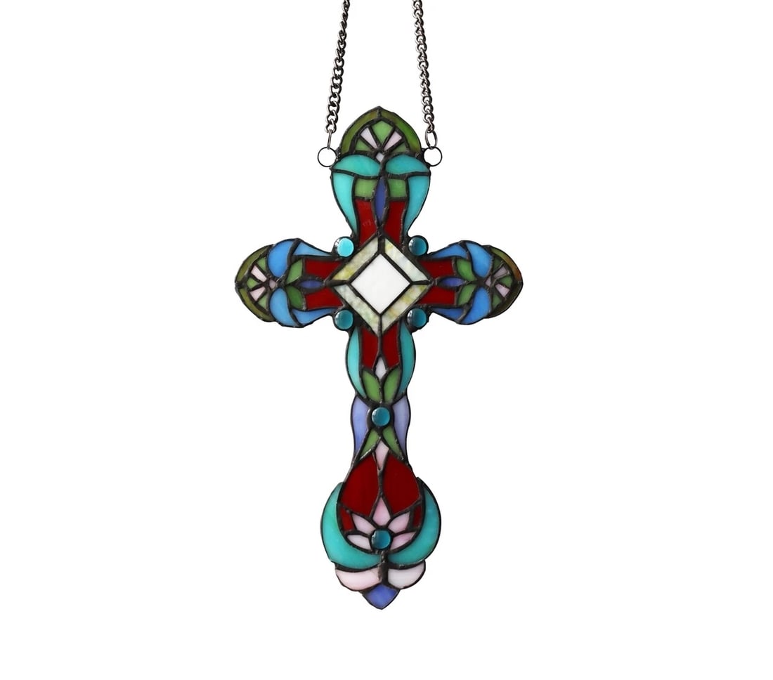 13.2" Stained Glass Cross Window Hanging Panel Suncatcher: 7 1/2" x 3" Beautiful reproduction handmade cross design, handcrafted with tiffany-stained glass. The hand crafted Tiffany panel is made up of 79 pieces of hand cut, stained art glass and 6 glass