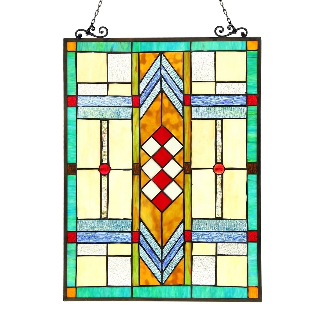 24.6" Mission Stained Glass Window Hanging Panel Suncatcher: 24.6 x 17.5 Such a wonderful reproduction stained glass window panel. This panel is a true testament to the beauty and craftsmanship of stained glass art, and it is the perfect addition to any window 