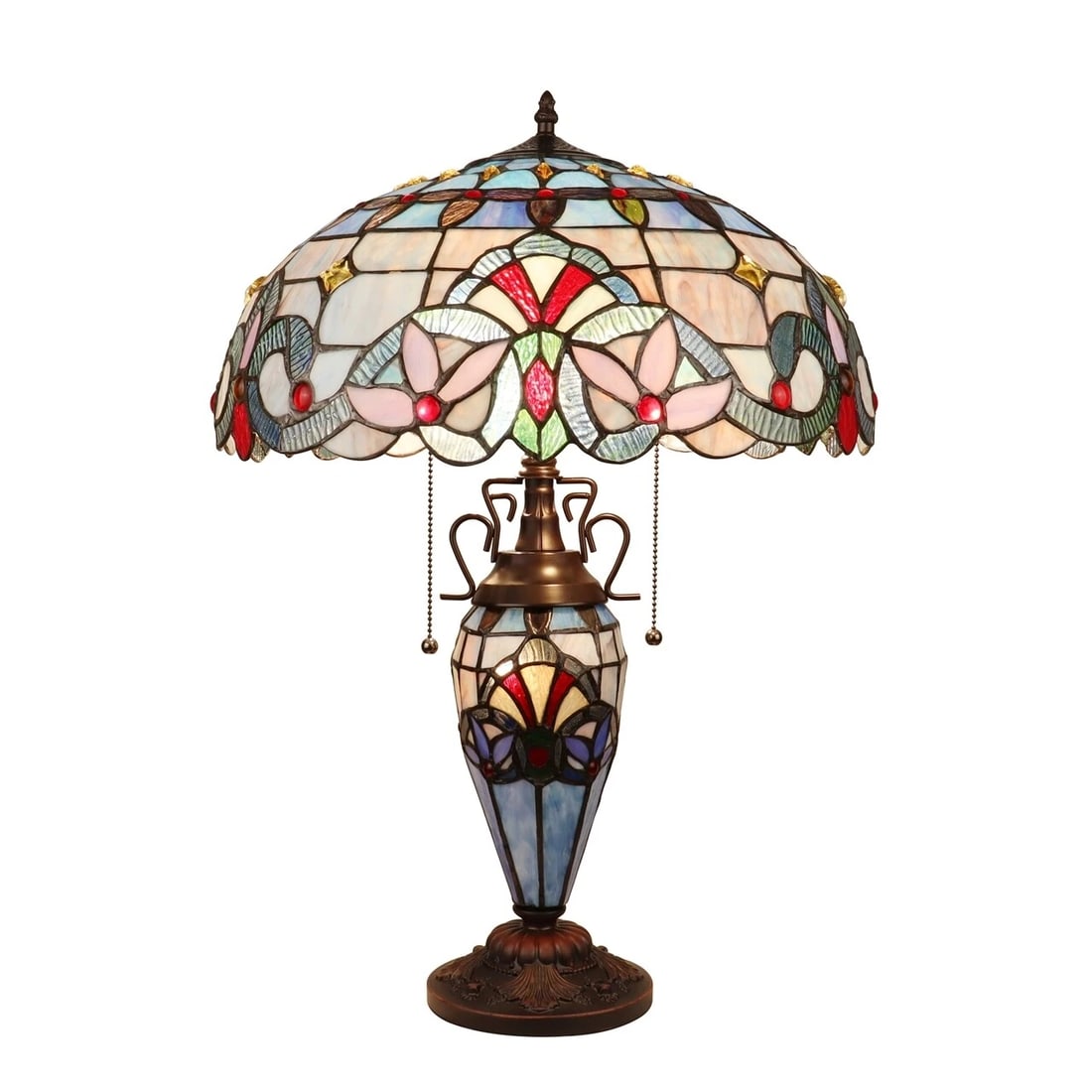 25" Stained Glass Lighted Base Table Lamp: 24.8" x 17.52" Illuminate your space with the timeless beauty of our reproduction table lamp. This exquisite lamp features a hand-made stained glass shade Ideal for adorning bedside tables, foyers, or