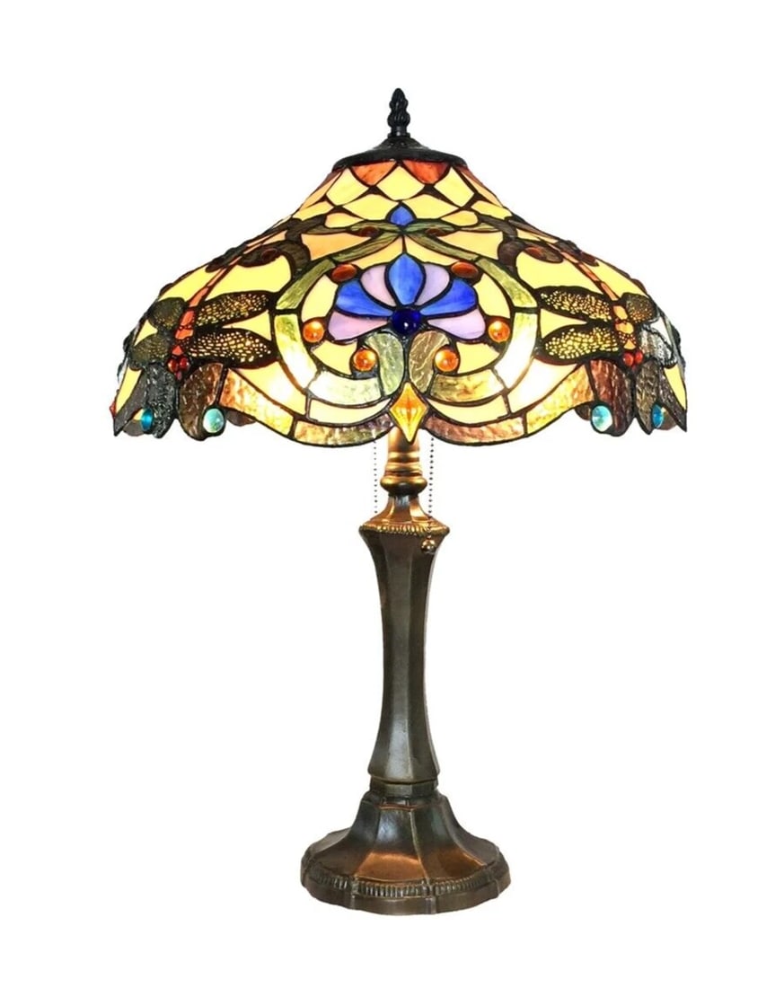 23" Stained Glass Amber Dragonfly Table Lamp: 23" High x 17" Wide Illuminate your space with the timeless beauty of our reproduction table lamp. This exquisite lamp features a hand-made stained glass shade Ideal for adorning bedside tables,
