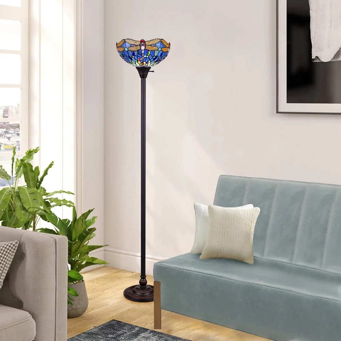 68.98" Stained Glass Dragonfly Torchiere Floor Lamp - 6