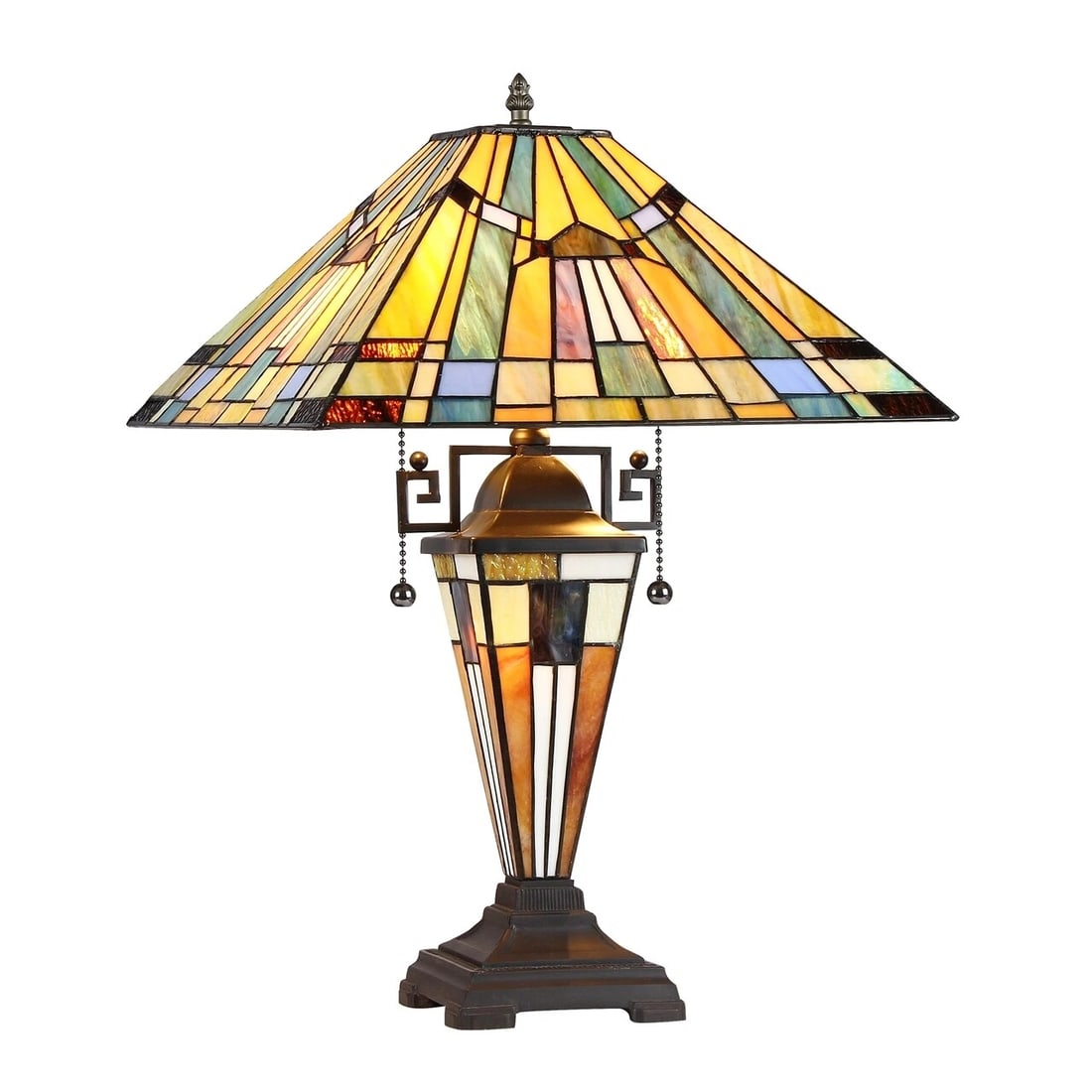 23.2" Lighted Base Stained Glass Mission Table Lamp: overall height of 23.2 inches, with a length and width of 15.9 inches. Wonderful reproduction stained glass double lit top and lighted base table lamp, a stunning work of art that combines