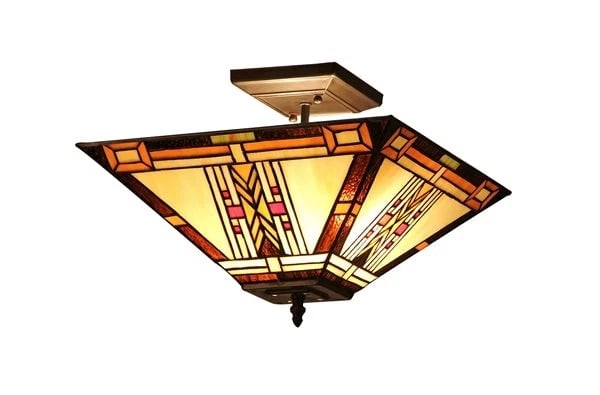 13.86" Mission Stained Glass Semi Flush Ceiling Uplight: (2) 100 watt max 13.86" Wide x 11 High Wonderful square reproduction mission style stained glass ceiling light! Made of all glass and metal. Certain to add a flash of style to any room. Reserve: