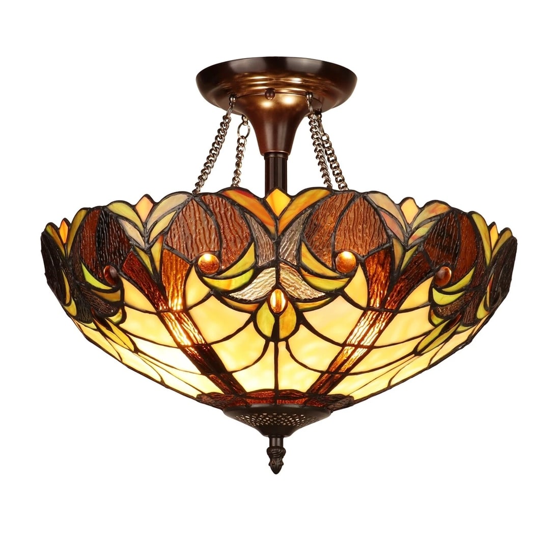 15.75" Stained Glass Semi Flush Ceiling Uplight: (2) 60 Watt Max 15.75" Wide x 13.6" Height Wonderful reproduction stained glass ceiling light! All handmade glass and metal. Certain to add a flash of style to any room. The technique used to make