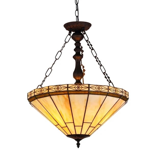 18.3" W 2 Light Stained Glass Hanging Inverted Pendant Ceiling Uplight: (2) 100 Watt max E26 Type A Bulb (not included) Overall Width 18.3" Overall Height 23.4" Shade Width 18.1 84" Max Hanging Illuminate your space with the timeless beauty of our reproduction Traditional