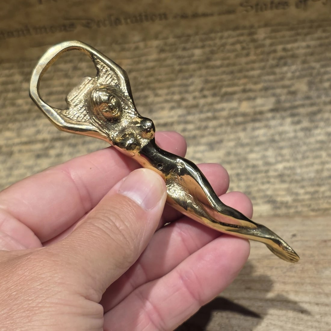 5" Brass Lady Bottle Opener Art Nouveau Style Figural Barware: Solid brass figural bottle opener featuring a reclining lady form with integrated opener at the top. The design is inspired by Art Nouveau and early 20th-century novelty barware, roughly 1890s-1930s, 