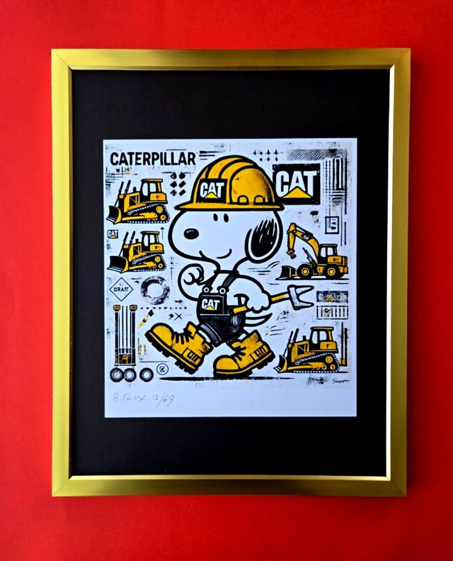 AIDAN FLUX | Hand Signed Print Framed Edition of 69 COA SNOOPY CATERPILLAR: This is a Stunning and Scarce 100% Authentic New Print by Aidan Flux AIDAN Flux represents a new wave of artists who embrace technology as a partner in creation, crafting works that resonate with the