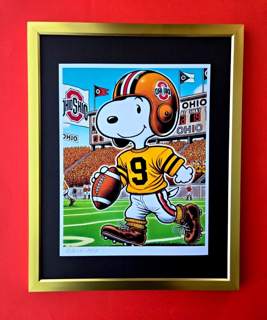 AIDAN FLUX | Hand Signed Print Framed Edition (69) COA SNOOPY OHIO QUARTERBACK: This is a Stunning and Scarce 100% Authentic New Print by Aidan Flux AIDAN Flux represents a new wave of artists who embrace technology as a partner in creation, crafting works that resonate with the