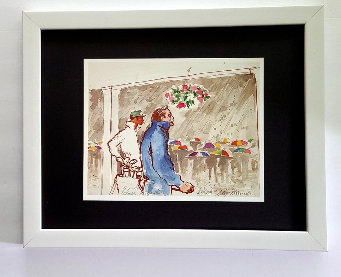 LEROY NEIMAN + ARNOLD PALMER + CIRCA 1990'S + SIGNED GOLF PRINT+ FRAMED: We have for Sale this LEROY NEIMAN AWESOME 1990'S PRINT ON PAPER " ARNOLD PALMER AT THE MASTERS " SIGNED ON THE PLATE SIZE OF THE PRINT: 10 X 8 in NEW WHITE FRAME FRAME COVERS AN AREA OF 15 X 12 in