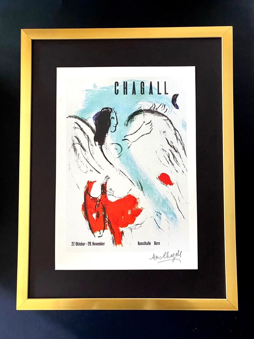 MARC CHAGALL + ORIGINAL VINTAGE 1975 SIGNED PRINT + FRAMED + BUY IT NOW !: Beautiful and Scarce Original 1975 Print After Marc Chagall " Chagall in Bern Switzerland " Facsimile Signature in Ink Published by Sorlier Art Print is about 12 X 8 in. This piece is mounted on a 16 