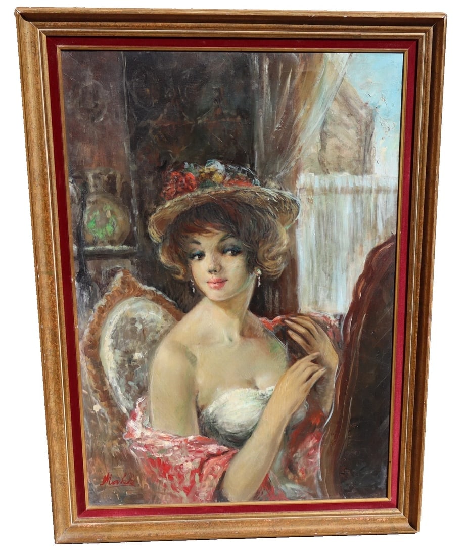 AMERICO MAKK Original oil painting Seated Beautiful Woman in Interior with Hat: Title:AMERICO MAKK Original oil painting Seated Beautiful Woman in Interior with Hat Description:AMERICO MAKK (1927-2015). Beautiful Woman in an Interior wearing a Hat, 38" x 26" oil on canvas