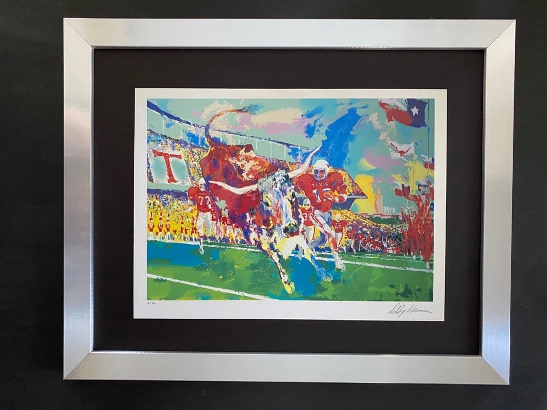 LeRoy Neiman " Texas Longhorns " Signed Pop Art Mounted and Framed in New 11x14!: Beautiful and Scarce Original 1991 Print After Leroy Neiman " Texas Longhorns " Signed on the Plate This piece is mounted on a 11 x 14 in. black acid free premium black board. Framed covers an area