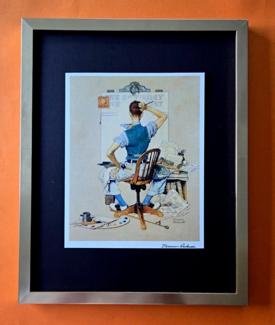NORMAN ROCKWELL + Signed 1970's Print Mounted and Framed + Beautiful.: We have for Sale this Norman Rockwell AWESOME 1970's PRINT FACSIMILE SIGNED IN INK FRAME COVERS AN AREA OF 15 X 12 in PRINT IS MOUNTED OVER A BLACK BOARD AND FRAMED IN BRAND NEW GOLD FRAME EXCELLENT