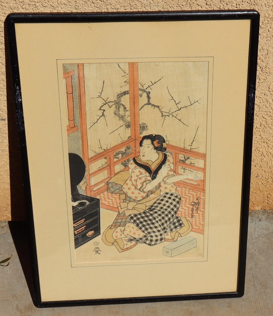 Shiba Miyanoshita 19th Century Kunisada Period Woodblock Print w/ Seated Figure: Title:Shiba Miyanoshita 19th Century Kunisada Period Woodblock Print w/ Seated Figure Description:S.M. Shiba Miyanoshita. Kunisada Period (1807-1864) Woodblock Print, 15" x 9-1/4" sight size (framed s