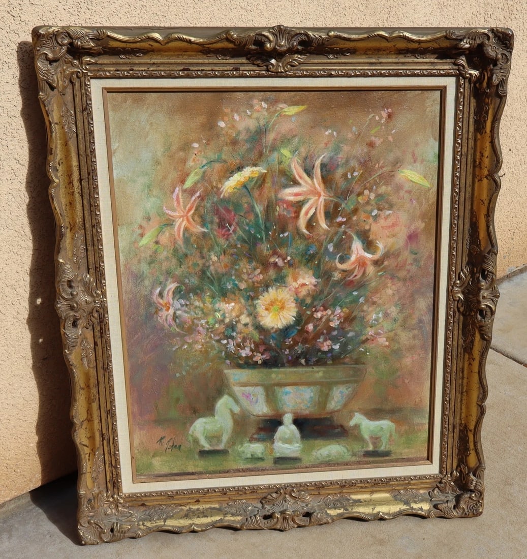 RICHARD JUDSON ZOLAN Original oil painting Still Life with Flowers and Figurines - 2