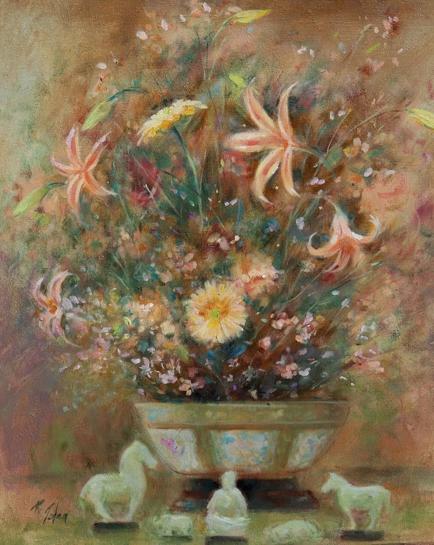 RICHARD JUDSON ZOLAN Original oil painting Still Life with Flowers and Figurines - 3