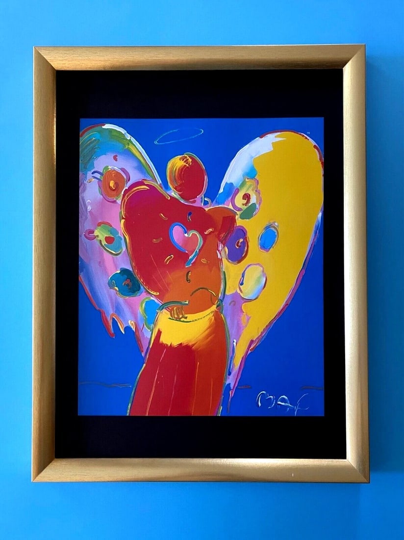 Peter Max | Angel Vintage Print Signed | Framed Large 16x12in. Gold Pop Art: Up for Auction this Beautiful and Scarce Vintage 2001 Offset Lithograph after Peter Max Signed on the Plate Art Print is about 12 X 10 in. This piece is mounted on a 16 x 12 in. black acid free black