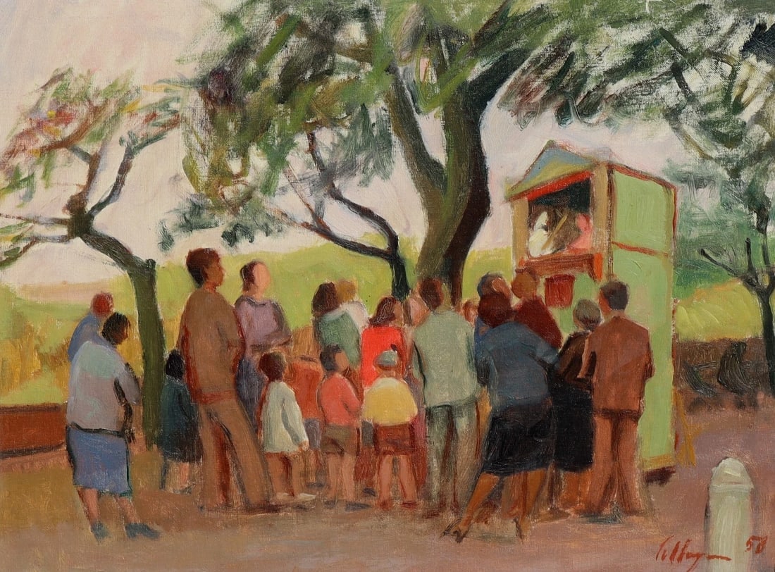 Luigi Pellegrino (Italian 1905-1970) Pulcinella's Puppet Theatre Rome 1958 oil - 2