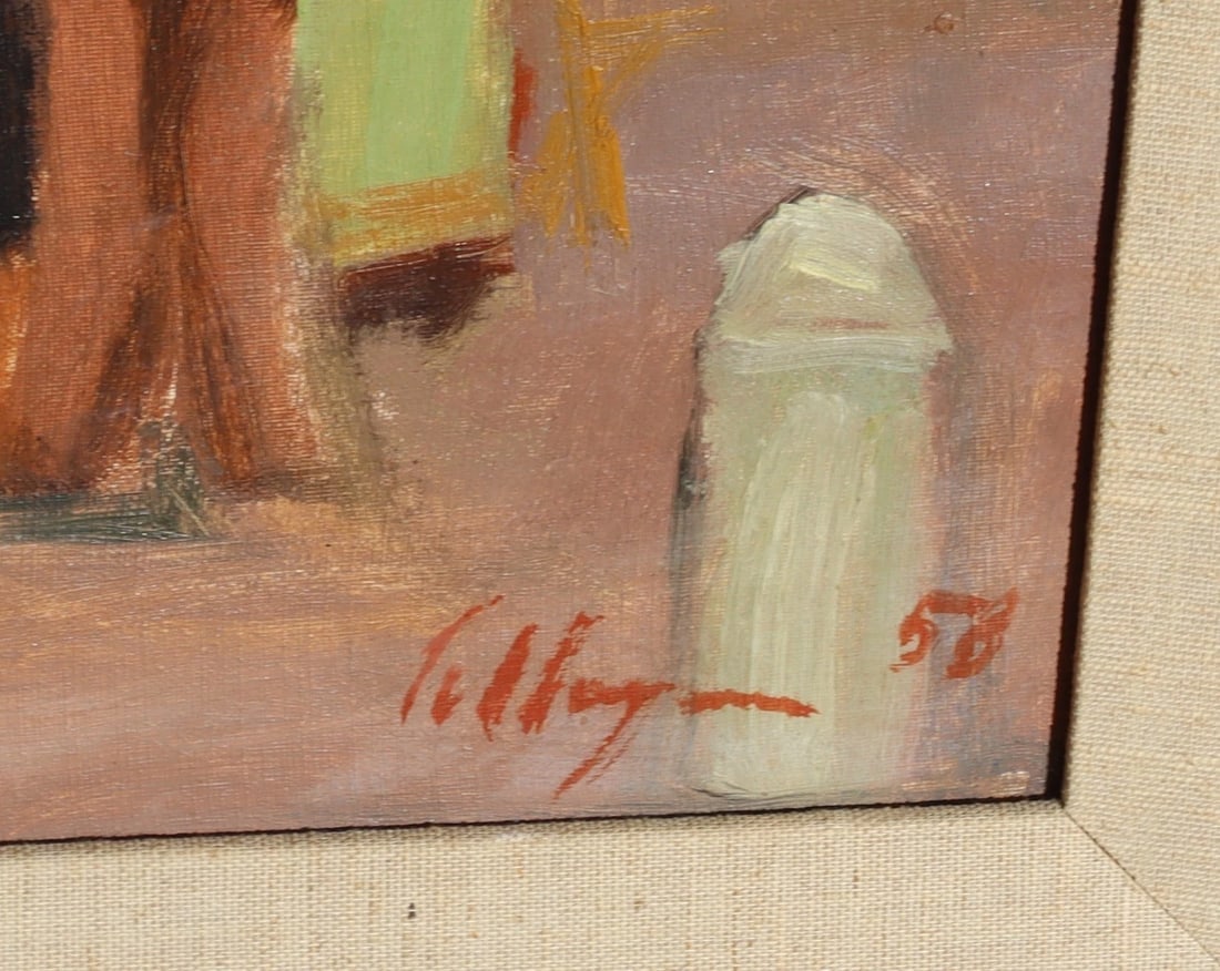 Luigi Pellegrino (Italian 1905-1970) Pulcinella's Puppet Theatre Rome 1958 oil - 4