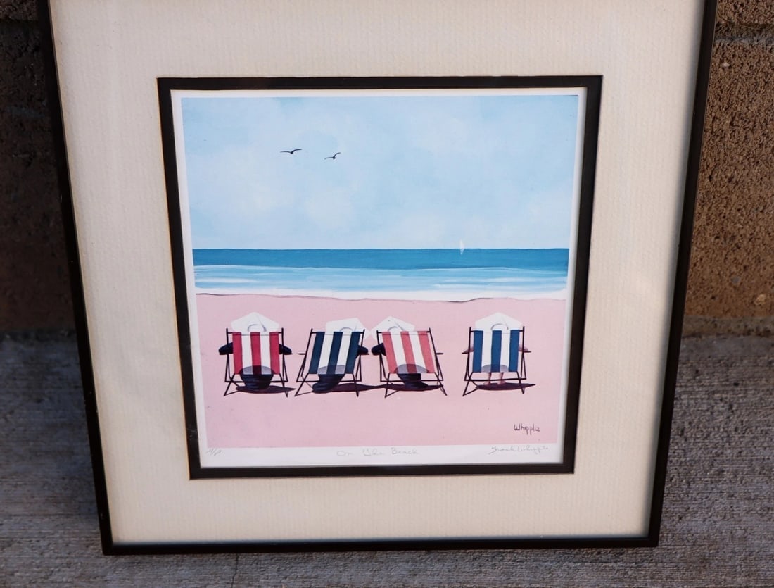 FRANK WHIPPLE Artist's Proof Lithograph ON THE BEACH (Chairs by the Sea): Title:FRANK WHIPPLE Artist's Proof Lithograph ON THE BEACH (Chairs by the Sea) Description:FRANK WHIPPLE (1923-2016). On the Beach (Chairs in the Sand by the Sea) ARTIST'S PROOF, 6" x 6" sight size li