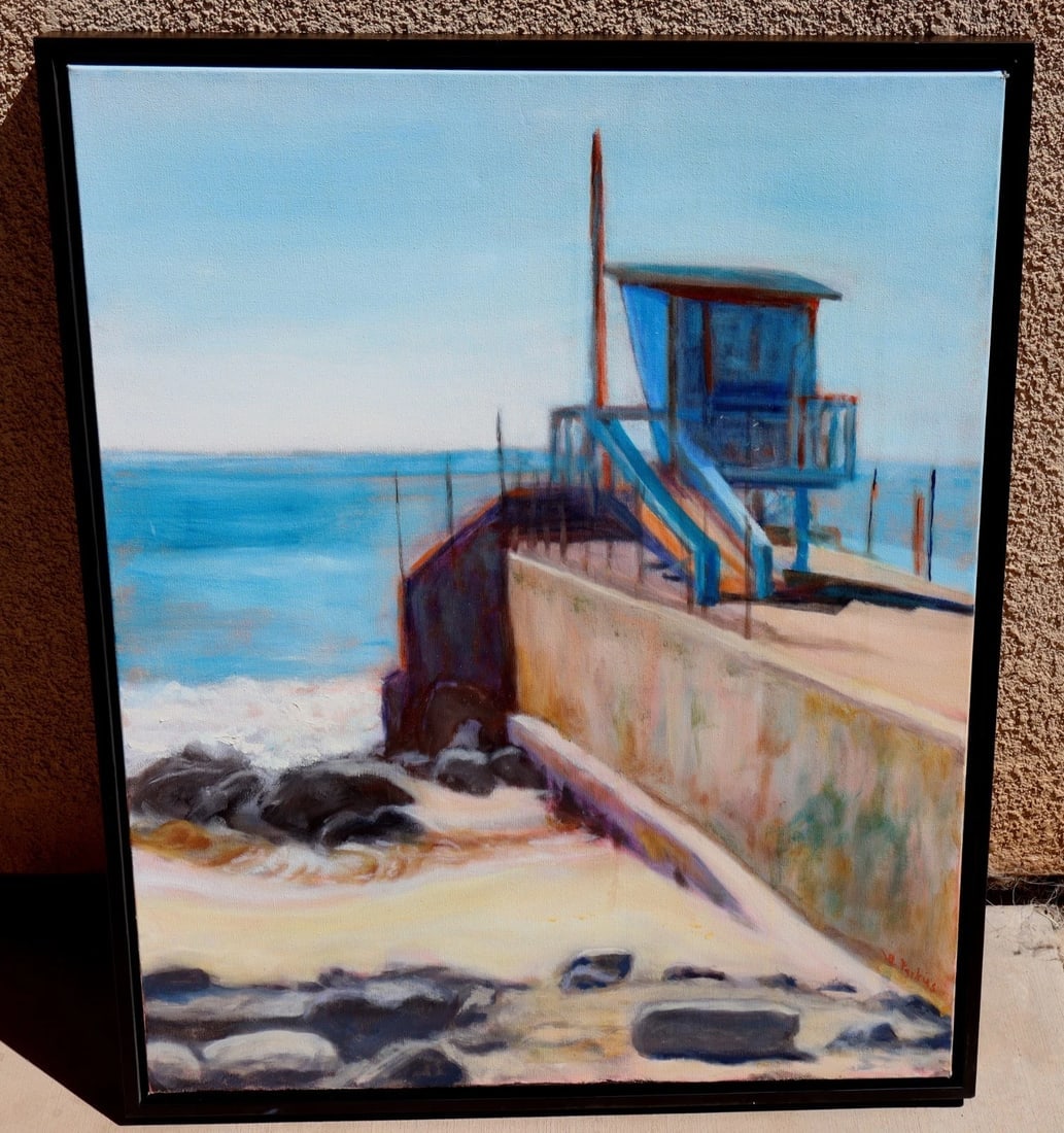 WILLIAM PERKINS Beach Scene Will's Lifeguard Station oil painting (1 of 6)
