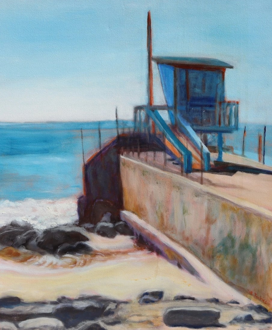 WILLIAM PERKINS Beach Scene Will's Lifeguard Station oil painting - 2
