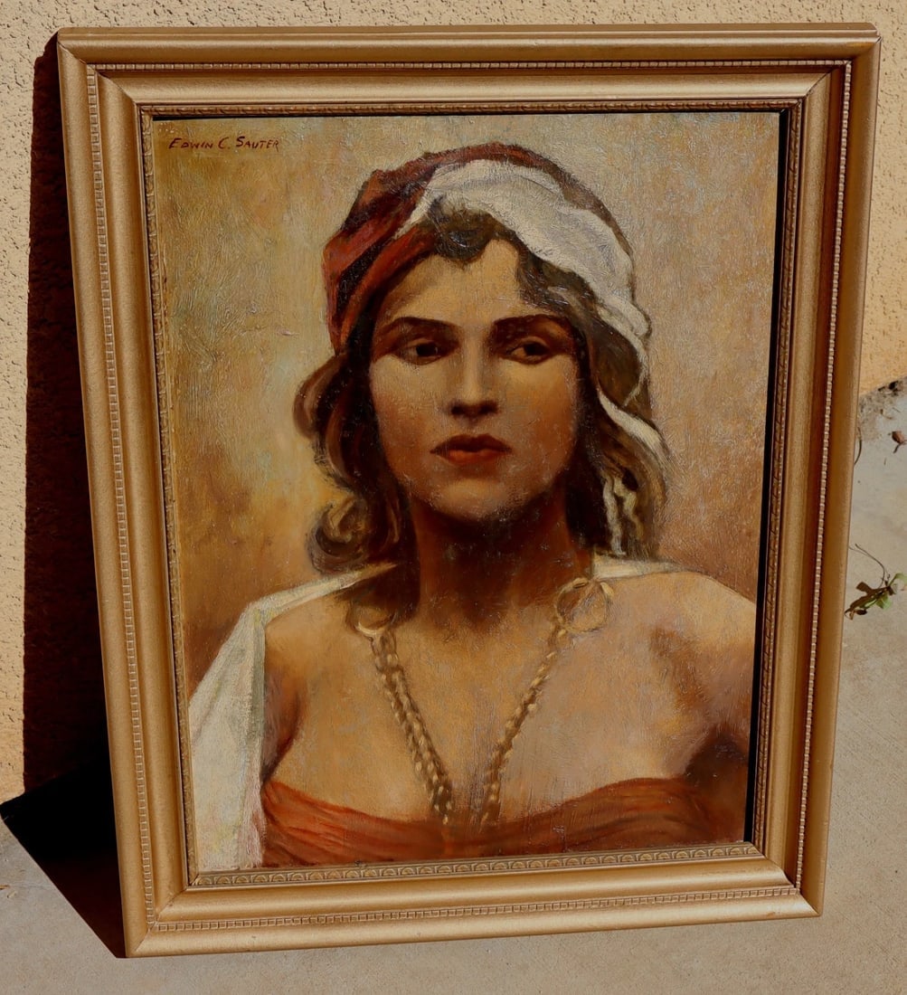 EDWIN C. SAUTER Original Mid Century oil painting of a Pretty Gypsy Woman - 2