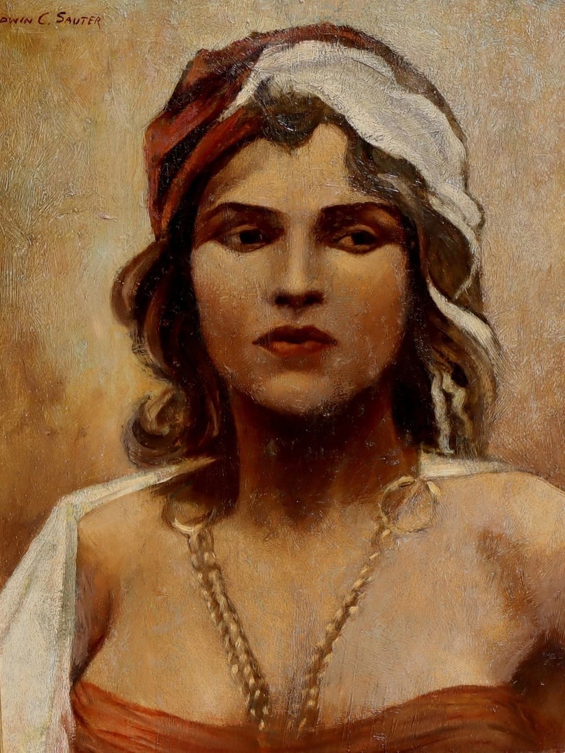 EDWIN C. SAUTER Original Mid Century oil painting of a Pretty Gypsy Woman - 3