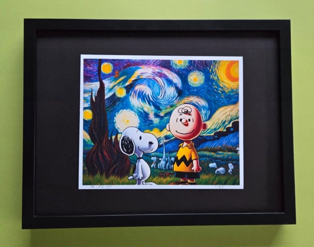 AIDAN FLUX | Hand Signed Authentic Print Framed Snoopy Starry Night Charlie COA: This is a one-of-a-kind Hand Signed Authentic Giclee by AIDAN FLUX. From his Series "American Icons" The artist has created a stunning piece of art that features a powerful message about women's