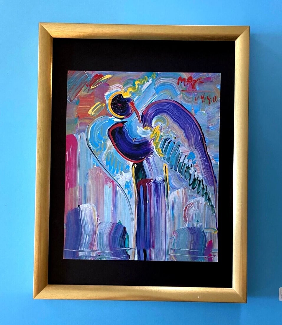 Peter Max | Angel Vintage Print Signed | Framed Large 16x12in. Gold Pop Art!: Up for Auction this Beautiful and Scarce Vintage 2001 Offset Lithograph after Peter Max Signed on the Plate Art Print is about 12 X 10 in. This piece is mounted on a 16 x 12 in. black acid free black
