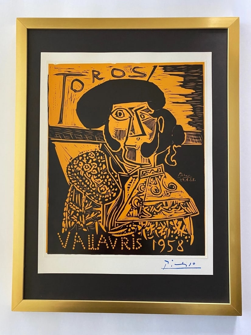PABLO PICASSO 1971 PRINT + SIGNED +TOROS + MOUNTED AND FRAMED: This is a Beautiful and Scarce 1971 Print After PABLO PICASSO " TOROS " Facsimile signed in the support area Also signed on the plate. Size framed is about 17x13in. Printed in Beautiful Glossy Paper