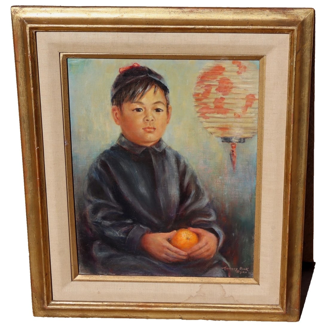 Audrey Rink Byrd Original oil painting Asian Child By Lantern Holding an Orange: Title:Audrey Rink Byrd Original oil painting Asian Child By Lantern Holding an Orange Description:AUDREY RINK BYRD. Asian Child Sitting Near a Lantern, Holding an Orange, 20" x 16" oil on canvas laid