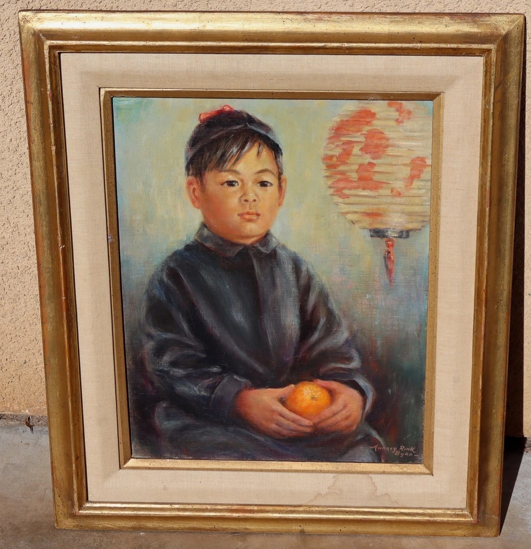 Audrey Rink Byrd Original oil painting Asian Child By Lantern Holding an Orange - 2