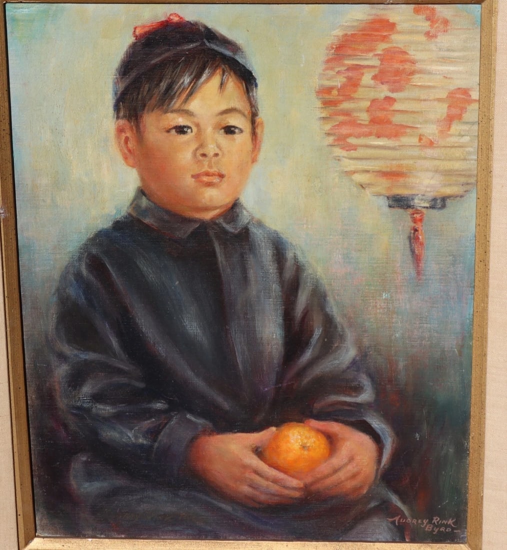 Audrey Rink Byrd Original oil painting Asian Child By Lantern Holding an Orange - 3