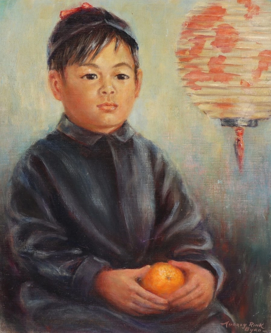Audrey Rink Byrd Original oil painting Asian Child By Lantern Holding an Orange - 4