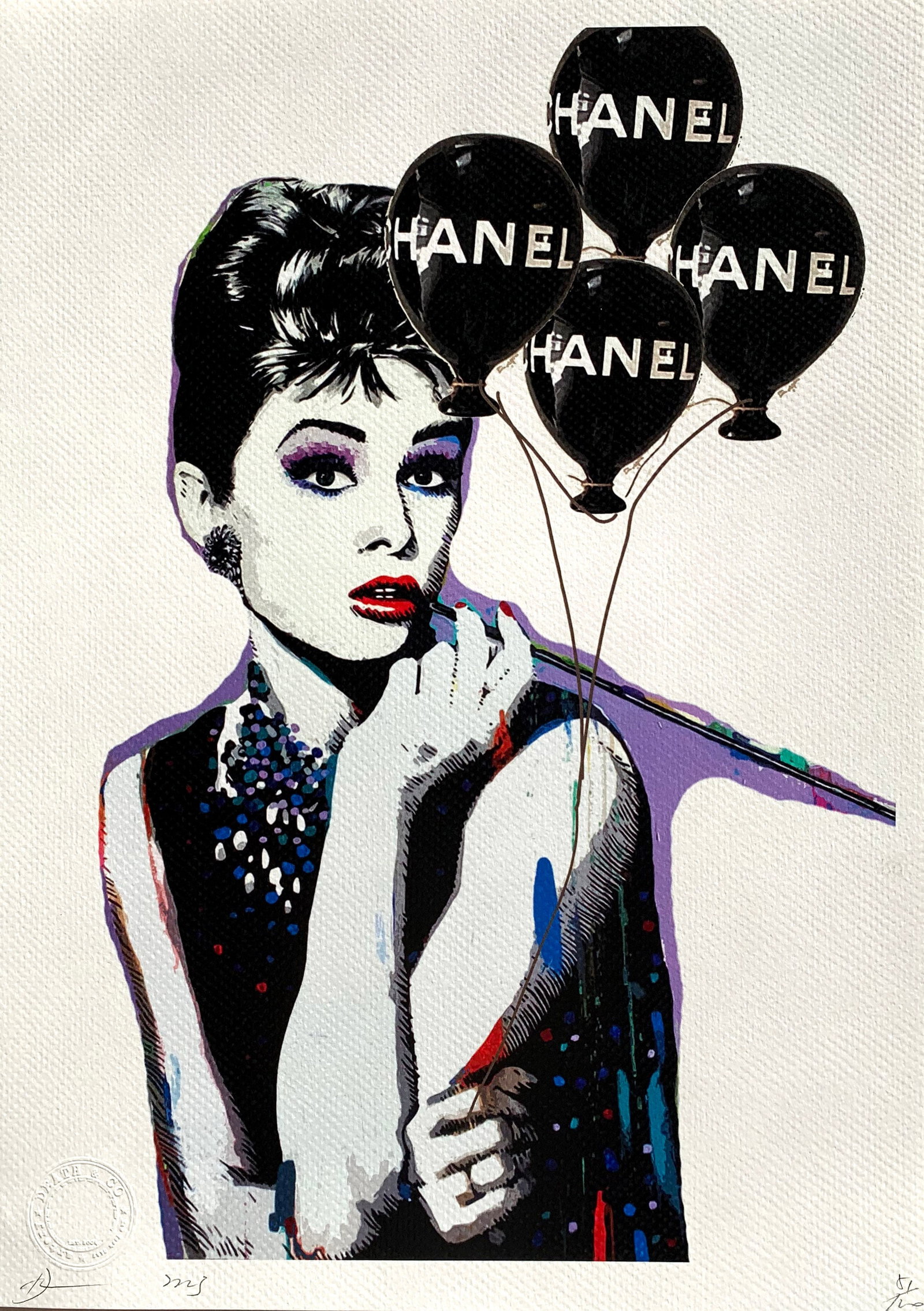 Death NYC Audrey Chanel: Title: Death NYC Audrey Chanel Date/Period:21st Century Materials: Giclee on Fine art 300 gsm paper Size:17 3/4 x 12 1/2 inches Description:Artist: Death NYC, limited edition giclee on paper, out of