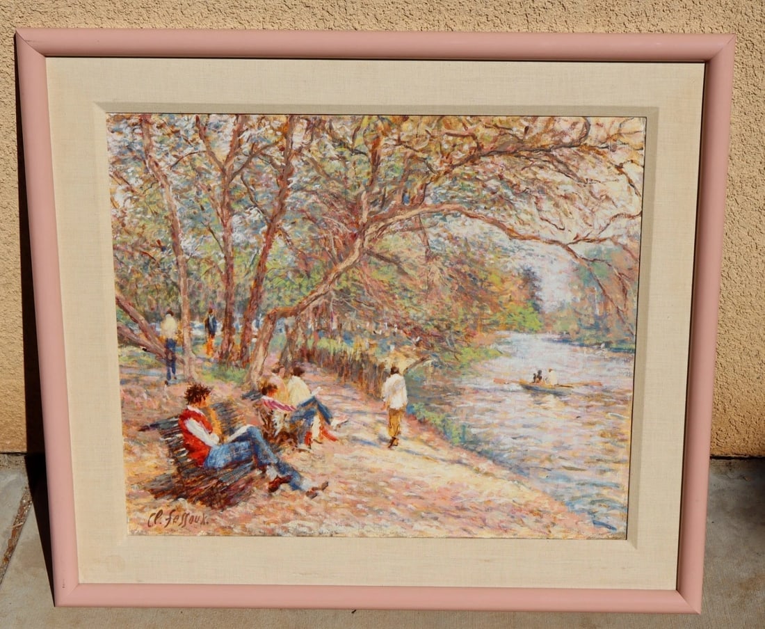CLAUDE FOSSOUX Original oil painting Figures on Park Bench Near a Lake was $2495: Title:CLAUDE FOSSOUX Original oil painting Figures on Park Bench Near a Lake was $2495 Description:CLAUDE FOSSOUX (French b. 1946). Figures on a Park Bench near a Lake with Figures in a Rowboat, 22"