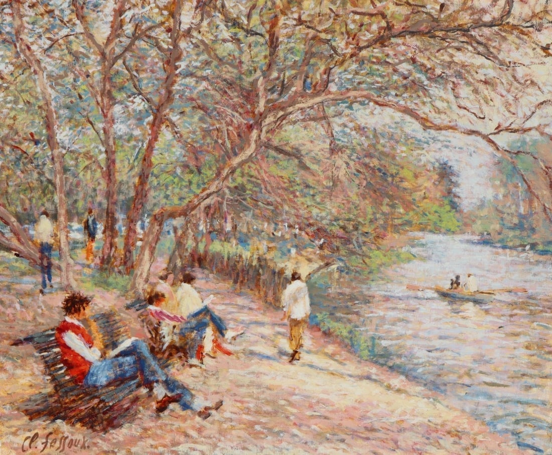 CLAUDE FOSSOUX Original oil painting Figures on Park Bench Near a Lake was $2495 - 2
