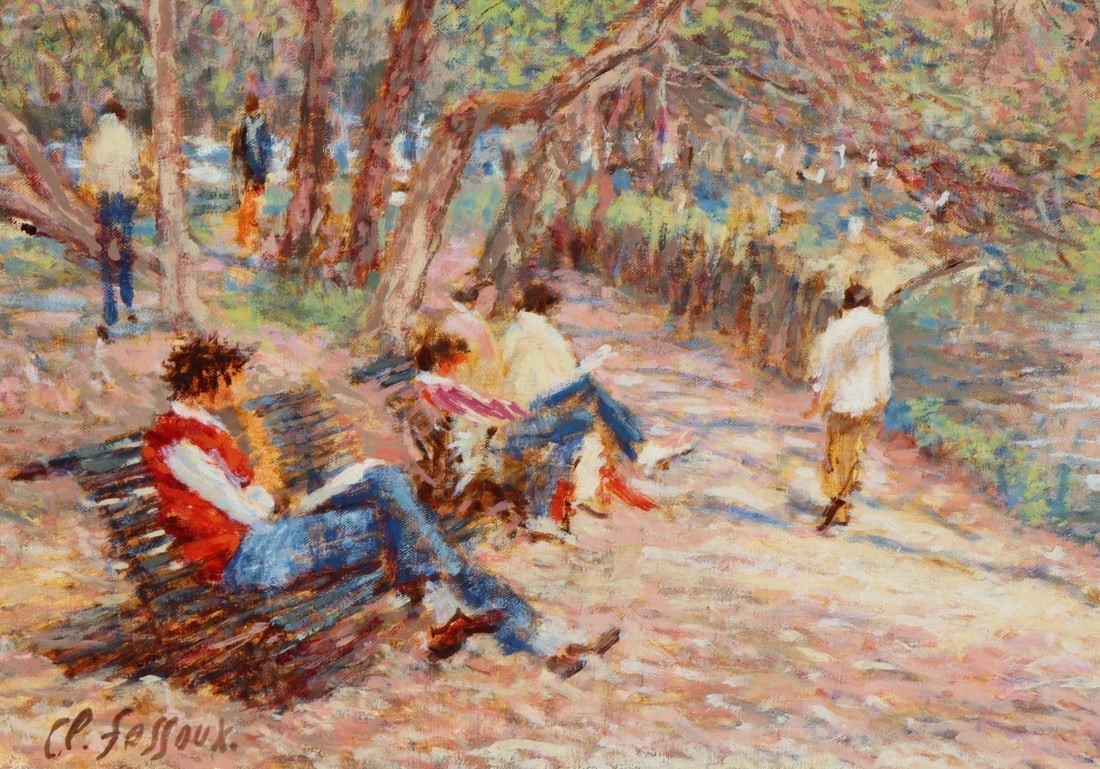 CLAUDE FOSSOUX Original oil painting Figures on Park Bench Near a Lake was $2495 - 3
