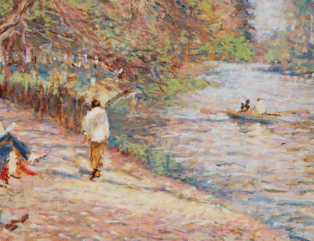 CLAUDE FOSSOUX Original oil painting Figures on Park Bench Near a Lake was $2495 - 4