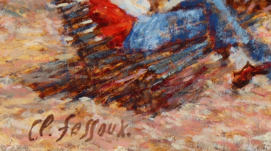 CLAUDE FOSSOUX Original oil painting Figures on Park Bench Near a Lake was $2495 - 5